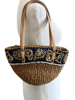 Vintage Y2K Small Straw Woven Tote Bag Embellished Sequin Fairy Boho Beach